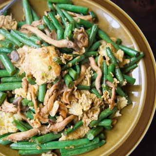 green beans, egg, and shiitake stirfry with soy sauce